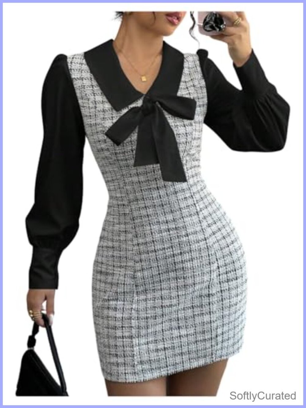 Plaid Tweed Mini Dress Bow Front Lantern Sleeve 2 in 1 Bodycon